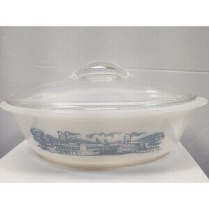 Vintage Glasbake Currier & Ives Steamboat Casserole Dish With Cover,9X6X2 1/2"